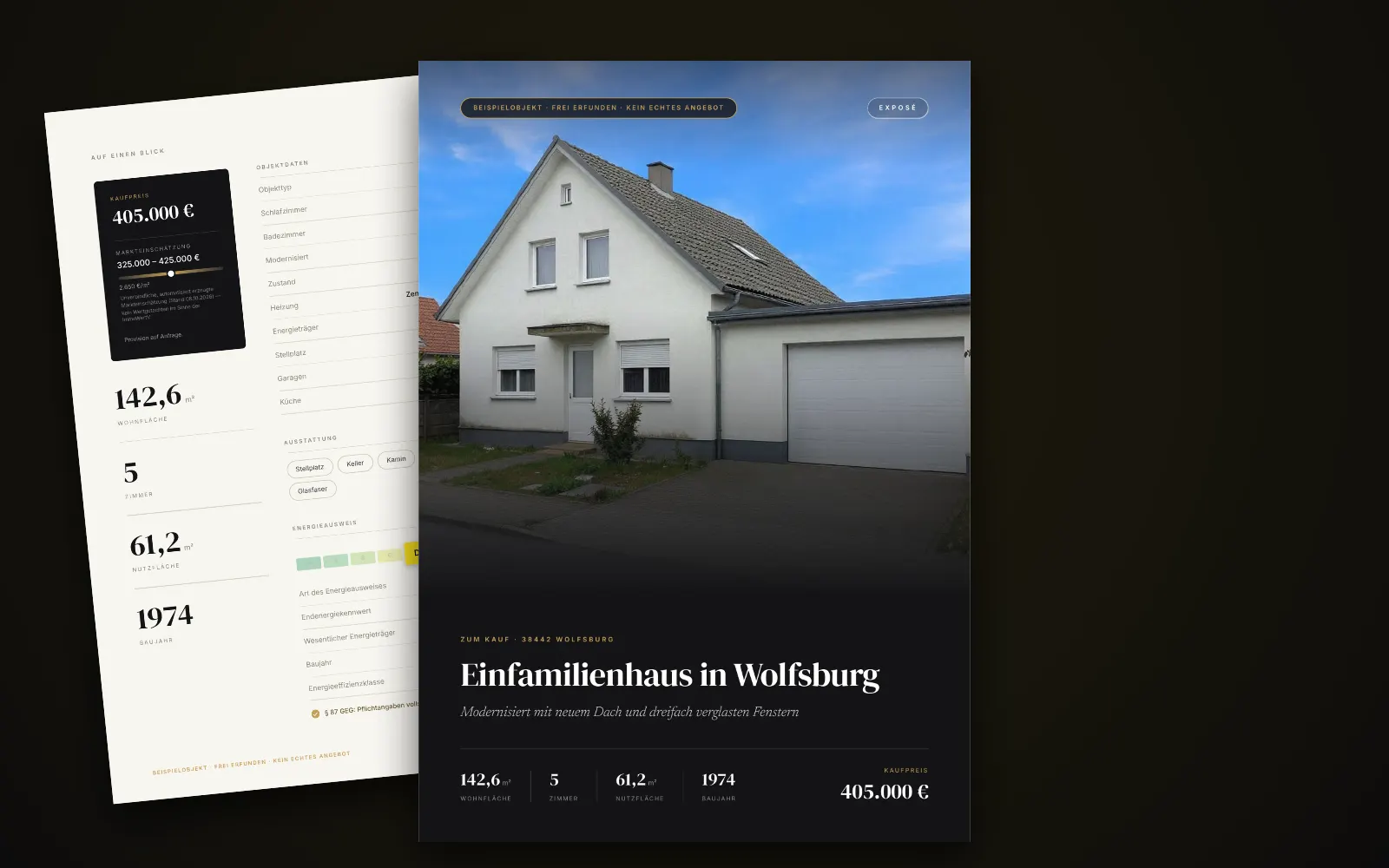 Exposé des Beispielobjekts in Wolfsburg: Titelseite mit Foto, Titel und Kaufpreis, dahinter zwei weitere Seiten